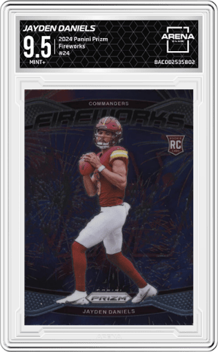 Jayden Daniels from the 2024 Panini Prizm set graded by Arena Club and given an overall grade of 9.5.