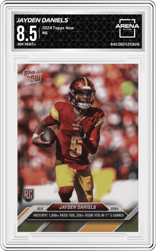 Jayden Daniels from the 2024 Topps Now set graded by Arena Club and given an overall grade of 8.5.