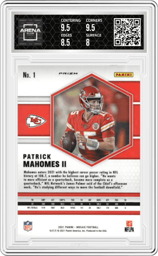 Patrick Mahomes II from the 2021 Panini Mosaic set featuring a Pink Camo parallel graded by Arena Club and given an overall grade of 8.5.