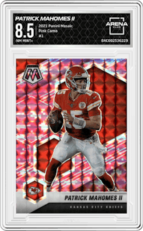 Patrick Mahomes II from the 2021 Panini Mosaic set featuring a Pink Camo parallel graded by Arena Club and given an overall grade of 8.5.