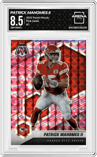 Patrick Mahomes II from the 2021 Panini Mosaic set featuring a Pink Camo parallel graded by Arena Club and given an overall grade of 8.5.