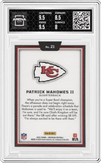Patrick Mahomes II from the 2023 Panini Obsidian set graded by Arena Club and given an overall grade of 8.5.