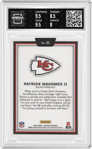 Patrick Mahomes II from the 2023 Panini Obsidian set graded by Arena Club and given an overall grade of 8.5.