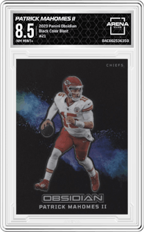 Patrick Mahomes II from the 2023 Panini Obsidian set graded by Arena Club and given an overall grade of 8.5.