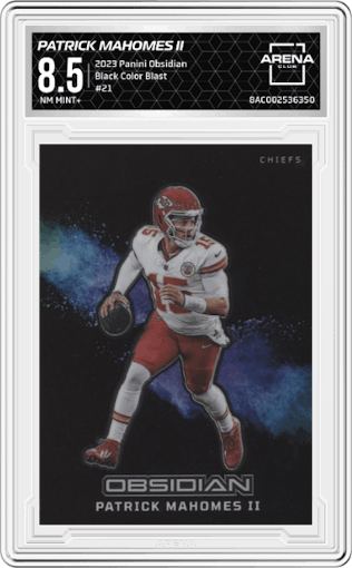 Patrick Mahomes II from the 2023 Panini Obsidian set graded by Arena Club and given an overall grade of 8.5.
