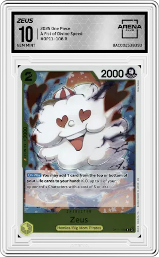 Zeus from the 2025 One Piece set graded by Arena Club and given an overall grade of 10.