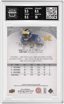 Devin Funchess from the 2014 Upper Deck Exquisite Collection set graded by Arena Club and given an overall grade of 9.