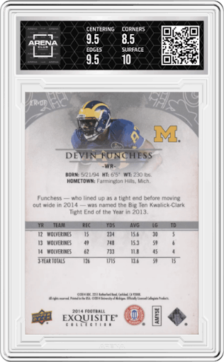 Devin Funchess from the 2014 Upper Deck Exquisite Collection set graded by Arena Club and given an overall grade of 9.