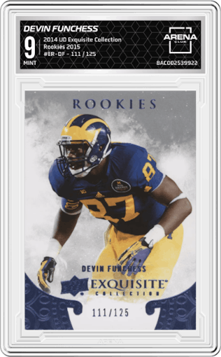 Devin Funchess from the 2014 Upper Deck Exquisite Collection set graded by Arena Club and given an overall grade of 9.