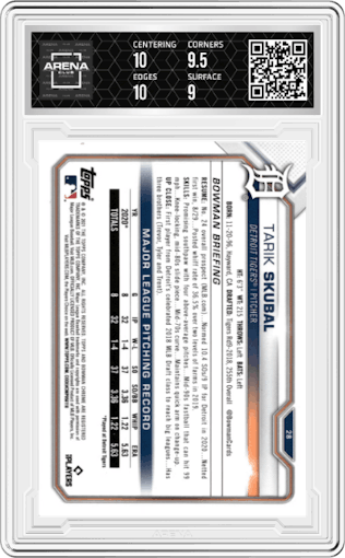 Tarik Skubal from the 2021 Bowman Chrome Sapphire set featuring a Yellow parallel graded by Arena Club and given an overall grade of 9.5.