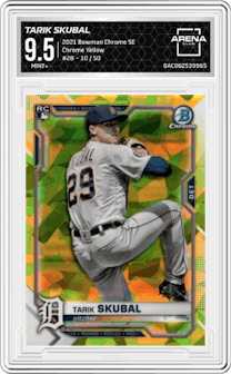 Tarik Skubal from the 2021 Bowman Chrome Sapphire set featuring a Yellow parallel graded by Arena Club and given an overall grade of 9.5.