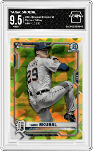Tarik Skubal from the 2021 Bowman Chrome Sapphire set featuring a Yellow parallel graded by Arena Club and given an overall grade of 9.5.