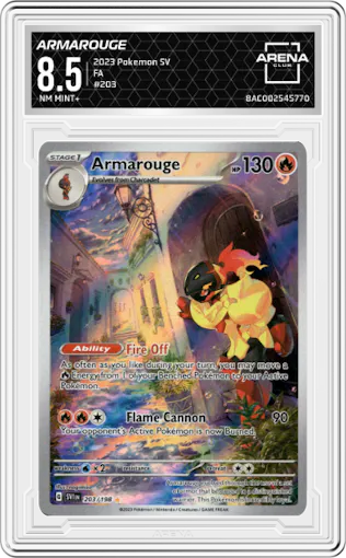 Armarouge from the 2023 Pokemon SV set graded by Arena Club and given an overall grade of 8.5.