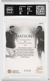 Olivier Giroud / Ousmane Dembele from the 2023 Futera Unique World Football Soccer set featuring a Emerald parallel graded by Arena Club and given an overall grade of 9.5.