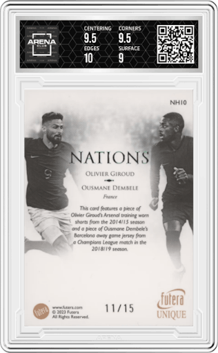 Olivier Giroud / Ousmane Dembele from the 2023 Futera Unique World Football Soccer set featuring a Emerald parallel graded by Arena Club and given an overall grade of 9.5.