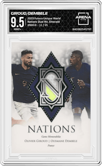 Olivier Giroud / Ousmane Dembele from the 2023 Futera Unique World Football Soccer set featuring a Emerald parallel graded by Arena Club and given an overall grade of 9.5.