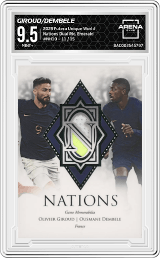 Olivier Giroud / Ousmane Dembele from the 2023 Futera Unique World Football Soccer set featuring a Emerald parallel graded by Arena Club and given an overall grade of 9.5.