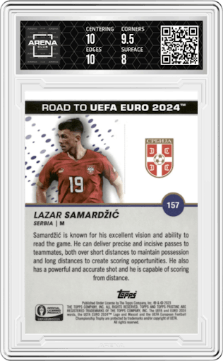 Lazar Samardzic from the 2023 Topps Pristine Road To Euro 2024 set featuring a Superfractor parallel graded by Arena Club and given an overall grade of 8.5.