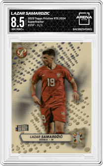Lazar Samardzic from the 2023 Topps Pristine Road To Euro 2024 set featuring a Superfractor parallel graded by Arena Club and given an overall grade of 8.5.