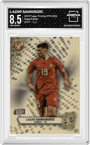 Lazar Samardzic from the 2023 Topps Pristine Road To Euro 2024 set featuring a Superfractor parallel graded by Arena Club and given an overall grade of 8.5.