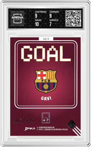 Gavi from the 2025 Daka Top Audience set featuring a Blue parallel graded by Arena Club and given an overall grade of 7.5.