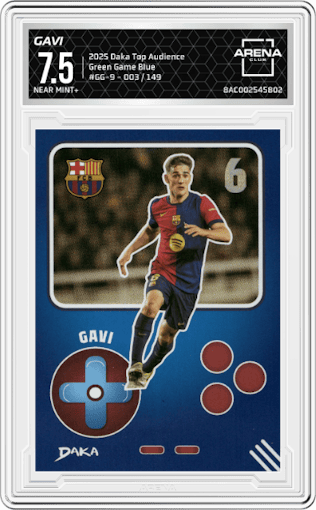 Gavi from the 2025 Daka Top Audience set featuring a Blue parallel graded by Arena Club and given an overall grade of 7.5.