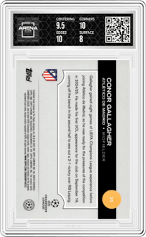 Conor Gallagher from the 2024-25 Topps Chrome Logofractor Edition UEFA Champions League set featuring a Gold Starball Ref. parallel graded by Arena Club and given an overall grade of 8.5.