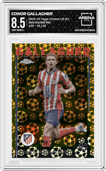 Conor Gallagher from the 2024-25 Topps Chrome Logofractor Edition UEFA Champions League set featuring a Gold Starball Ref. parallel graded by Arena Club and given an overall grade of 8.5.