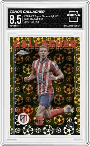 Conor Gallagher from the 2024-25 Topps Chrome Logofractor Edition UEFA Champions League set featuring a Gold Starball Ref. parallel graded by Arena Club and given an overall grade of 8.5.