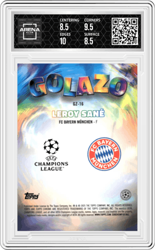 Leroy Sane from the 2024-25 Topps Chrome UEFA Club Competitions set featuring a Magenta Refractor parallel graded by Arena Club and given an overall grade of 9.