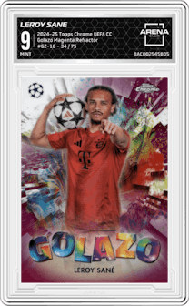 Leroy Sane from the 2024-25 Topps Chrome UEFA Club Competitions set featuring a Magenta Refractor parallel graded by Arena Club and given an overall grade of 9.