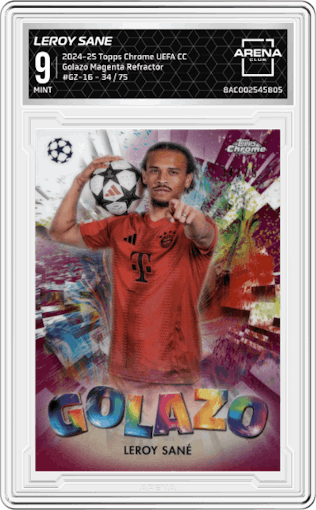 Leroy Sane from the 2024-25 Topps Chrome UEFA Club Competitions set featuring a Magenta Refractor parallel graded by Arena Club and given an overall grade of 9.