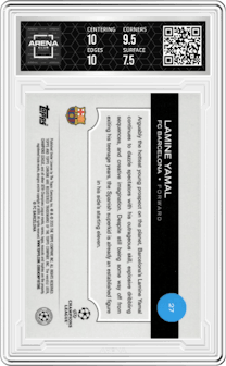 Lamine Yamal from the 2024-25 Topps Chrome Logofractor Edition UEFA Champions League set featuring a Gold Starball Refractor parallel graded by Arena Club and given an overall grade of 8.