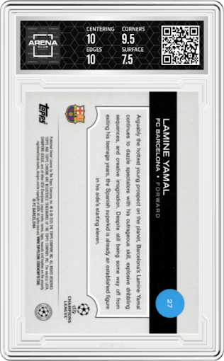 Lamine Yamal from the 2024-25 Topps Chrome Logofractor Edition UEFA Champions League set featuring a Gold Starball Refractor parallel graded by Arena Club and given an overall grade of 8.