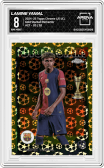 Lamine Yamal from the 2024-25 Topps Chrome Logofractor Edition UEFA Champions League set featuring a Gold Starball Refractor parallel graded by Arena Club and given an overall grade of 8.