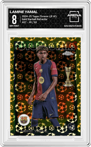 Lamine Yamal from the 2024-25 Topps Chrome Logofractor Edition UEFA Champions League set featuring a Gold Starball Refractor parallel graded by Arena Club and given an overall grade of 8.