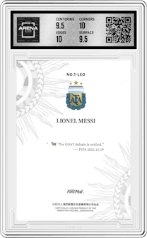 Lionel Messi from the 2023 FansMall Goat set featuring a Stained Glass parallel graded by Arena Club and given an overall grade of 10.