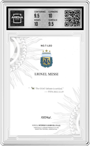Lionel Messi from the 2023 FansMall Goat set featuring a Stained Glass parallel graded by Arena Club and given an overall grade of 10.