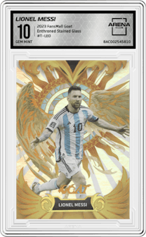 Lionel Messi from the 2023 FansMall Goat set featuring a Stained Glass parallel graded by Arena Club and given an overall grade of 10.