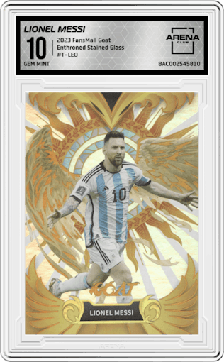 Lionel Messi from the 2023 FansMall Goat set featuring a Stained Glass parallel graded by Arena Club and given an overall grade of 10.