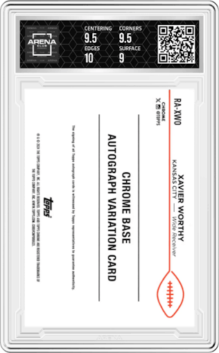Xavier Worthy  from the 2024 Topps Chrome set featuring a Aqua Refractor parallel graded by Arena Club and given an overall grade of 9.5.