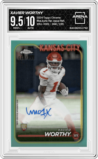 Xavier Worthy  from the 2024 Topps Chrome set featuring a Aqua Refractor parallel graded by Arena Club and given an overall grade of 9.5.