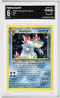 Feraligatr from the 2000 Pokemon Neo Genesis set graded by Arena Club and given an overall grade of 6.