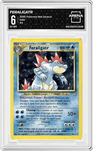 Feraligatr from the 2000 Pokemon Neo Genesis set graded by Arena Club and given an overall grade of 6.