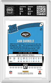 Sam Darnold from the 2018 Panini Donruss Optic set featuring a Holo parallel graded by Arena Club and given an overall grade of 7.
