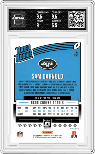 Sam Darnold from the 2018 Panini Donruss Optic set featuring a Holo parallel graded by Arena Club and given an overall grade of 7.