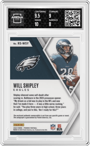 Will Shipley from the 2024 Panini Phoenix set featuring a Green parallel graded by Arena Club and given an overall grade of 8.5.