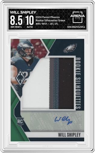 Will Shipley from the 2024 Panini Phoenix set featuring a Green parallel graded by Arena Club and given an overall grade of 8.5.