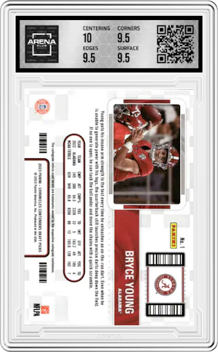 Bryce Young from the 2023 Panini Chronicles Draft Picks set graded by Arena Club and given an overall grade of 10.
