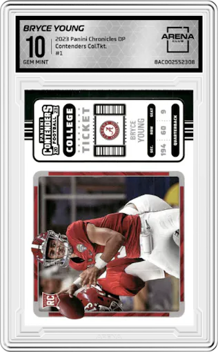 Bryce Young from the 2023 Panini Chronicles Draft Picks set graded by Arena Club and given an overall grade of 10.